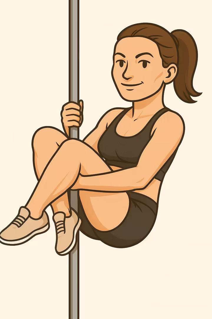 A close-up view of a pole dancer creating the 'shelf' for a cradle spin by hooking their hip and upper thigh onto the pole.