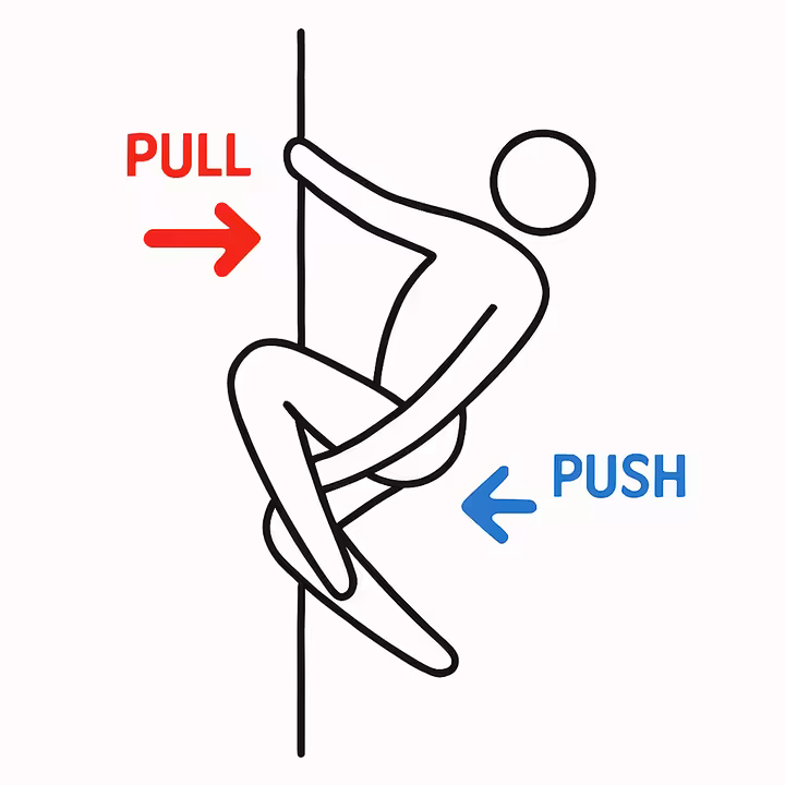 A diagram showing the push-pull forces in a cradle spin, with arrows indicating the top arm pulling and the bottom arm pushing.